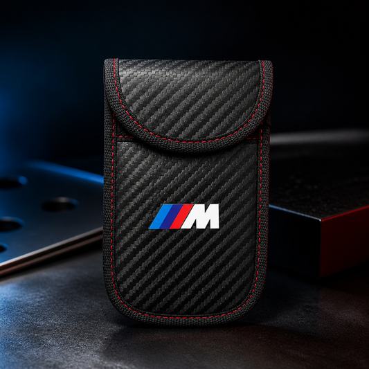 Funda para llave BMW M negra, efecto fibra de carbono, costuras rojas y solapa en vista principal
