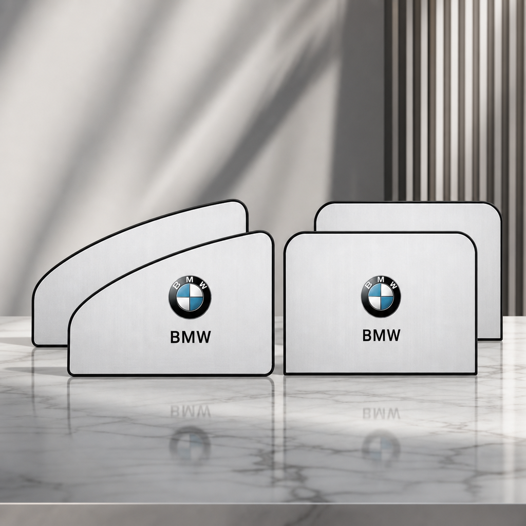 Set de 4 parasoles laterales para BMW, plateados con logo y cara interior opaca en vista premium