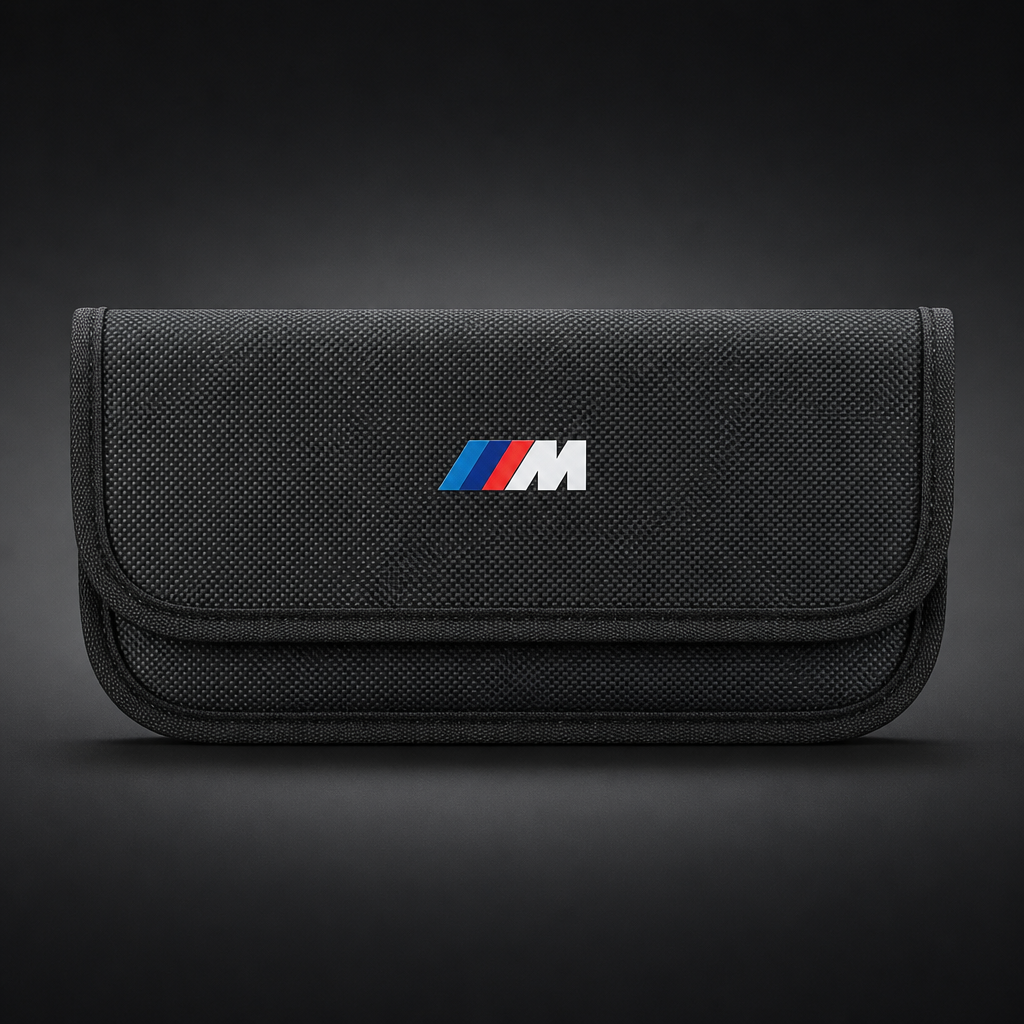 Funda Faraday para móvil y tarjetas para tu BMW Variante 1, con logo M y packshot frontal sobre fondo grafito