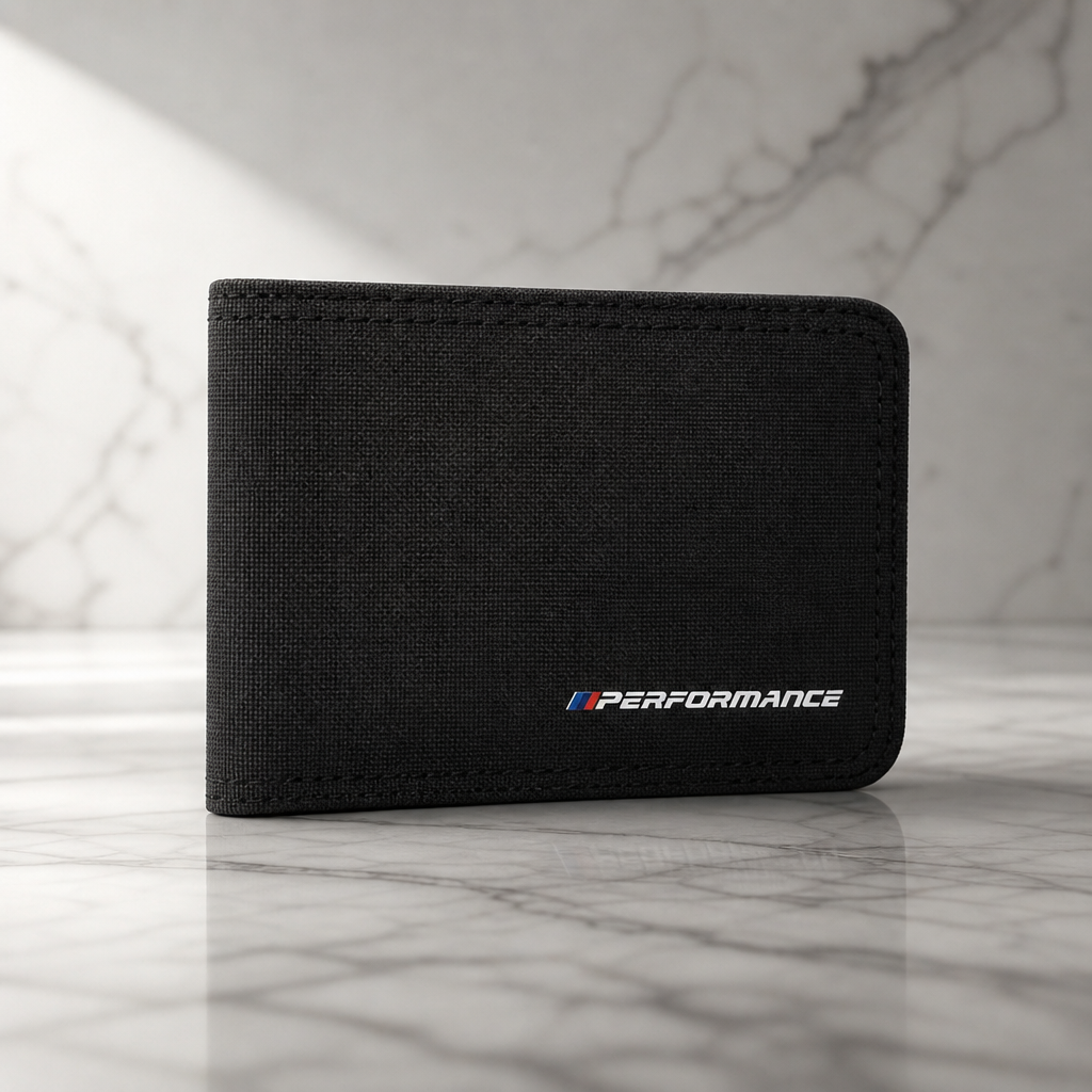 Cartera M Performance para BMW en negro y gris jaspeado con logo frontal sobre fondo premium
