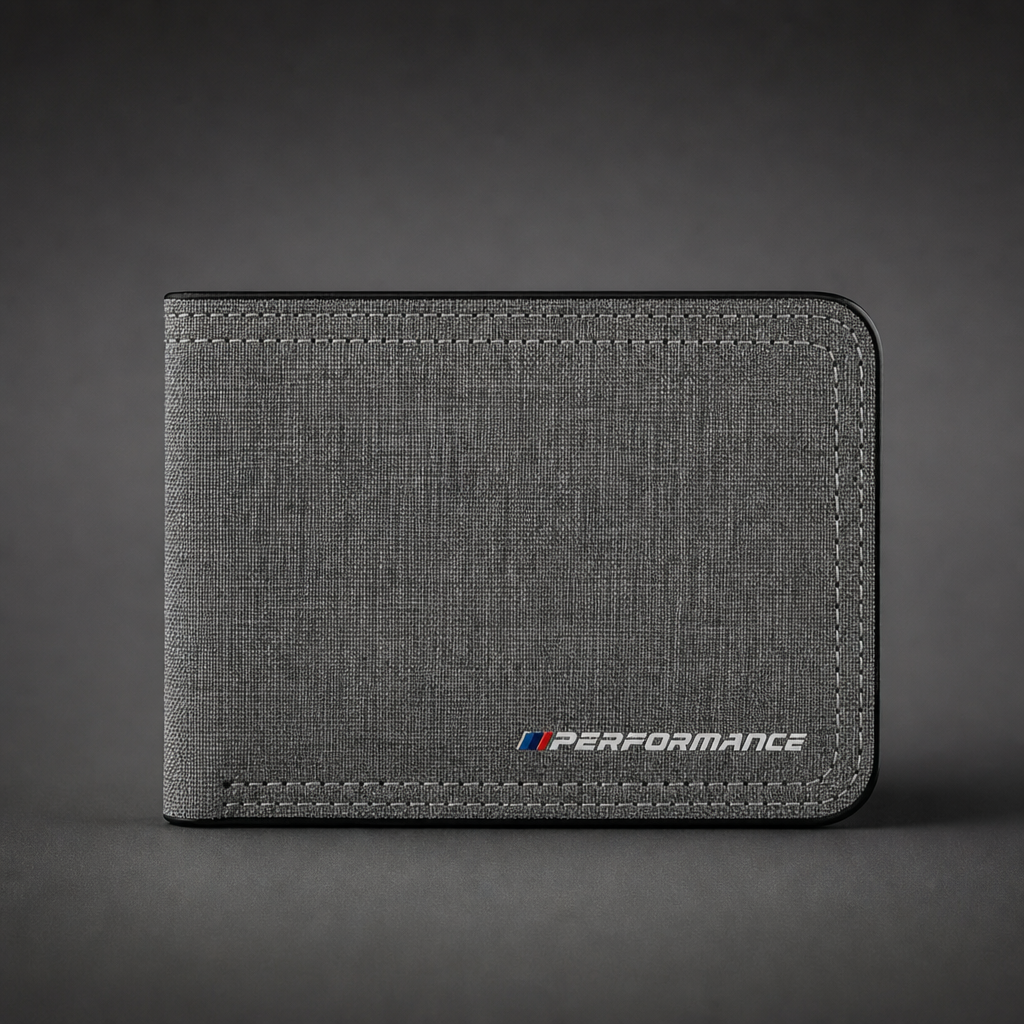 Cartera M Performance para BMW Gris jaspeado de tejido texturizado con logo frontal - packshot premium