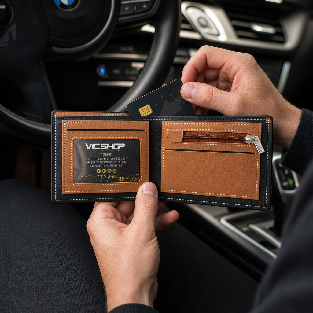 Cartera BMW en uso dentro del coche con tarjetas y llave al lado - escena 7 estilo premium