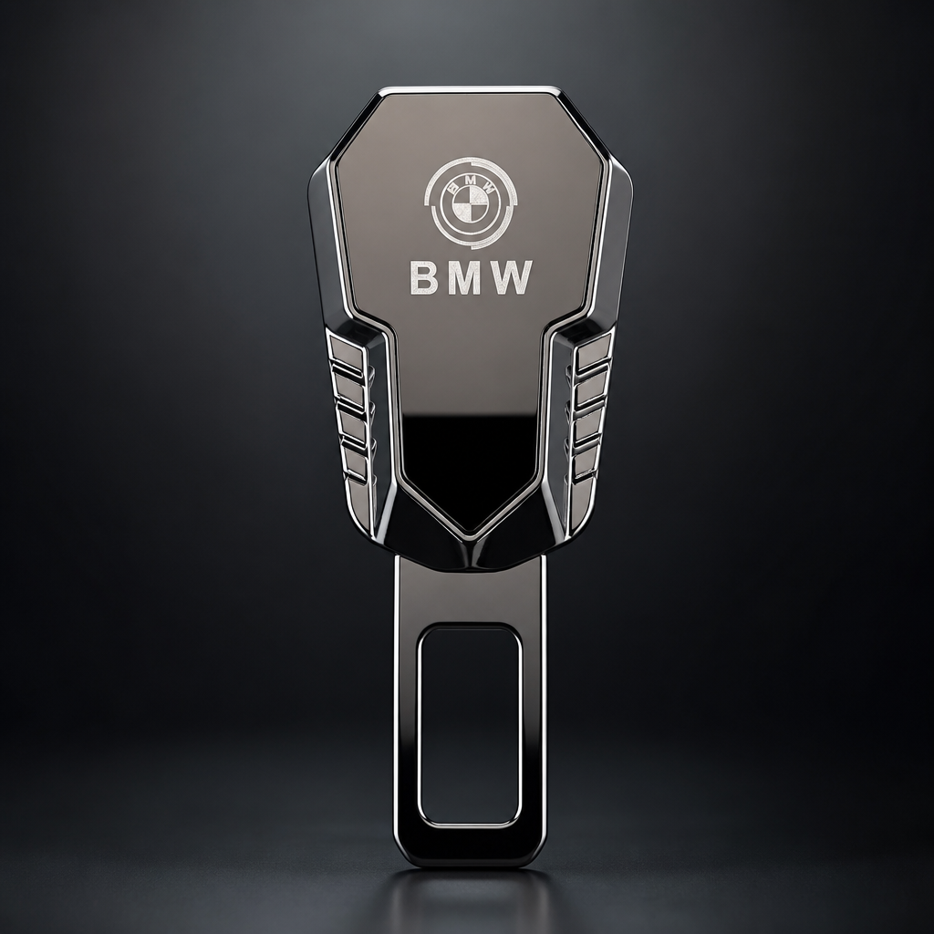 Adaptador extensor rígido para cinturón BMW en gris antracita, vista frontal sobre fondo grafito