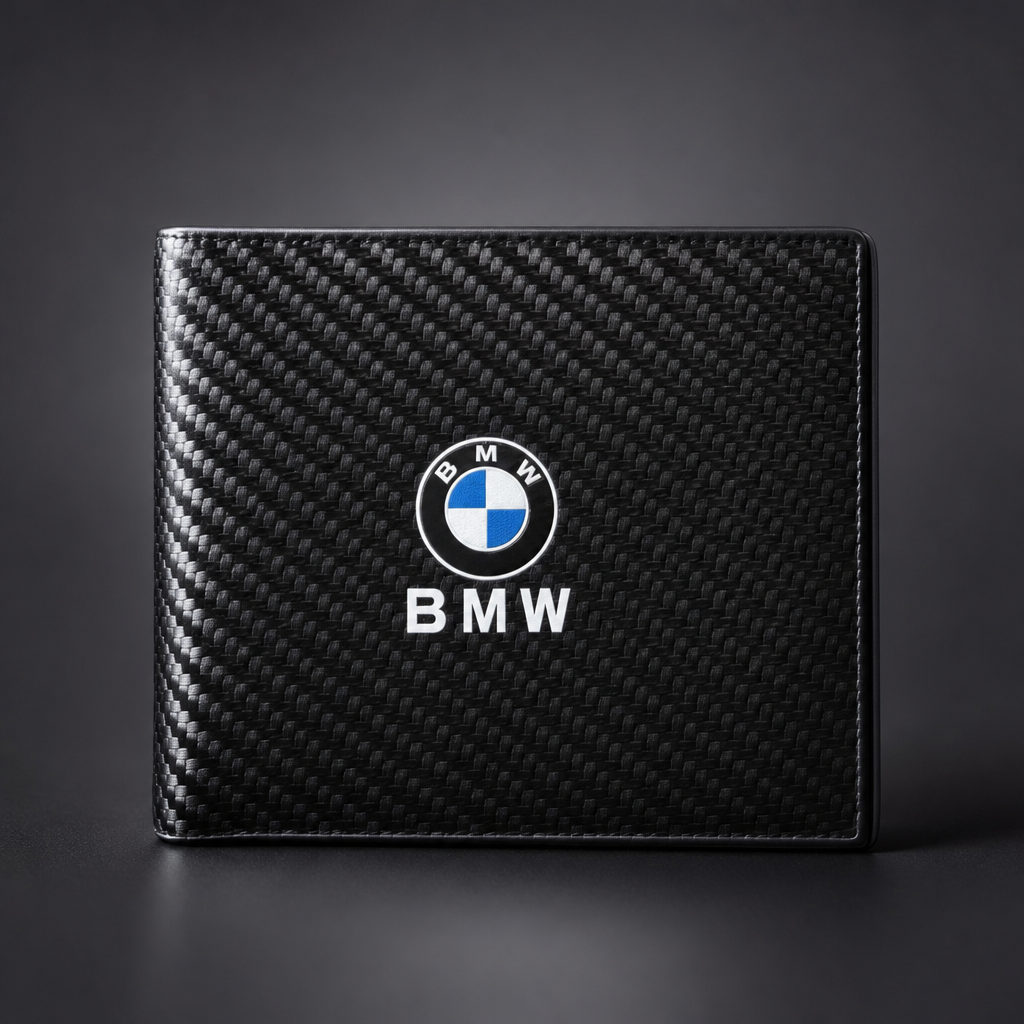 Cartera BMW Variante 1 con acabado tipo fibra de carbono y logo frontal - packshot premium