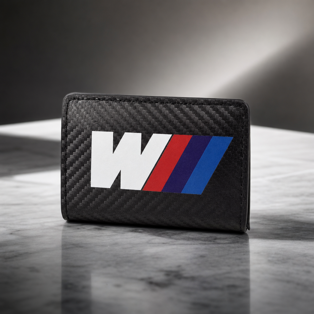 Cartera tarjetero BMW M efecto fibra de carbono con logo M frontal - vista principal premium