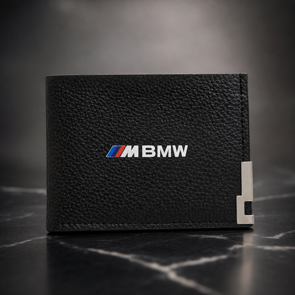 Cartera BMW M negra plegable con logo frontal y herraje metálico lateral en packshot premium
