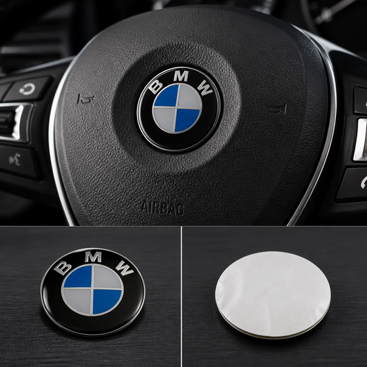 Adhesivo emblema para volante BMW de 43 mm sobre el logotipo central, con acabado abombado brillante