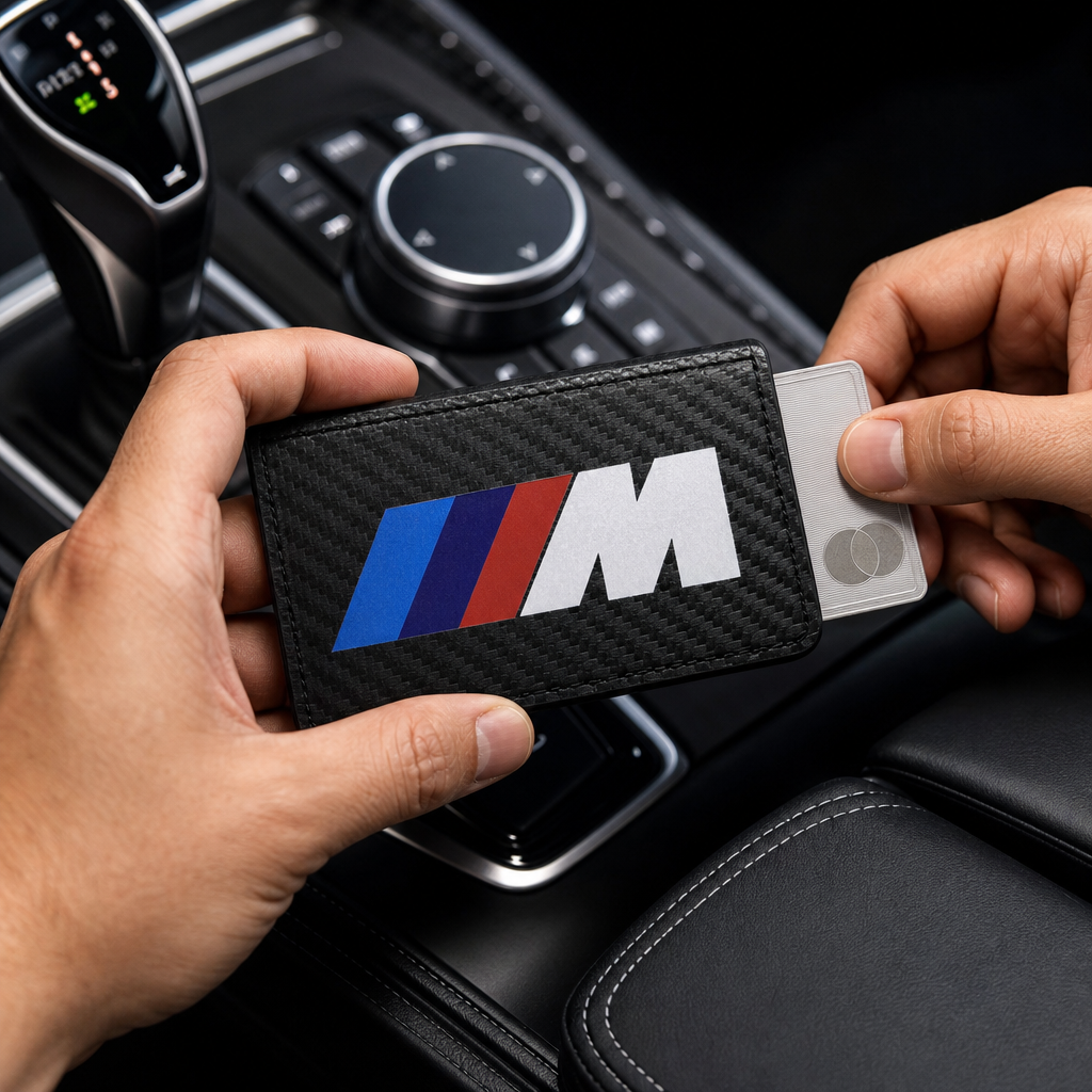 Cartera tarjetero BMW M en uso sobre consola del coche - escena 6 estilo premium