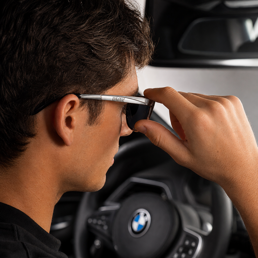Gafas de sol para BMW plateadas en uso al volante durante el día, escena 5 de estilo elegante