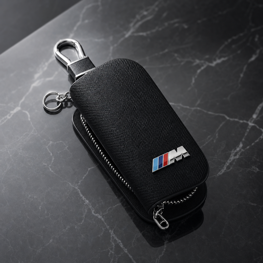 Estuche portallaves BMW M negro con cremallera y mosquetón plateado - vista principal premium