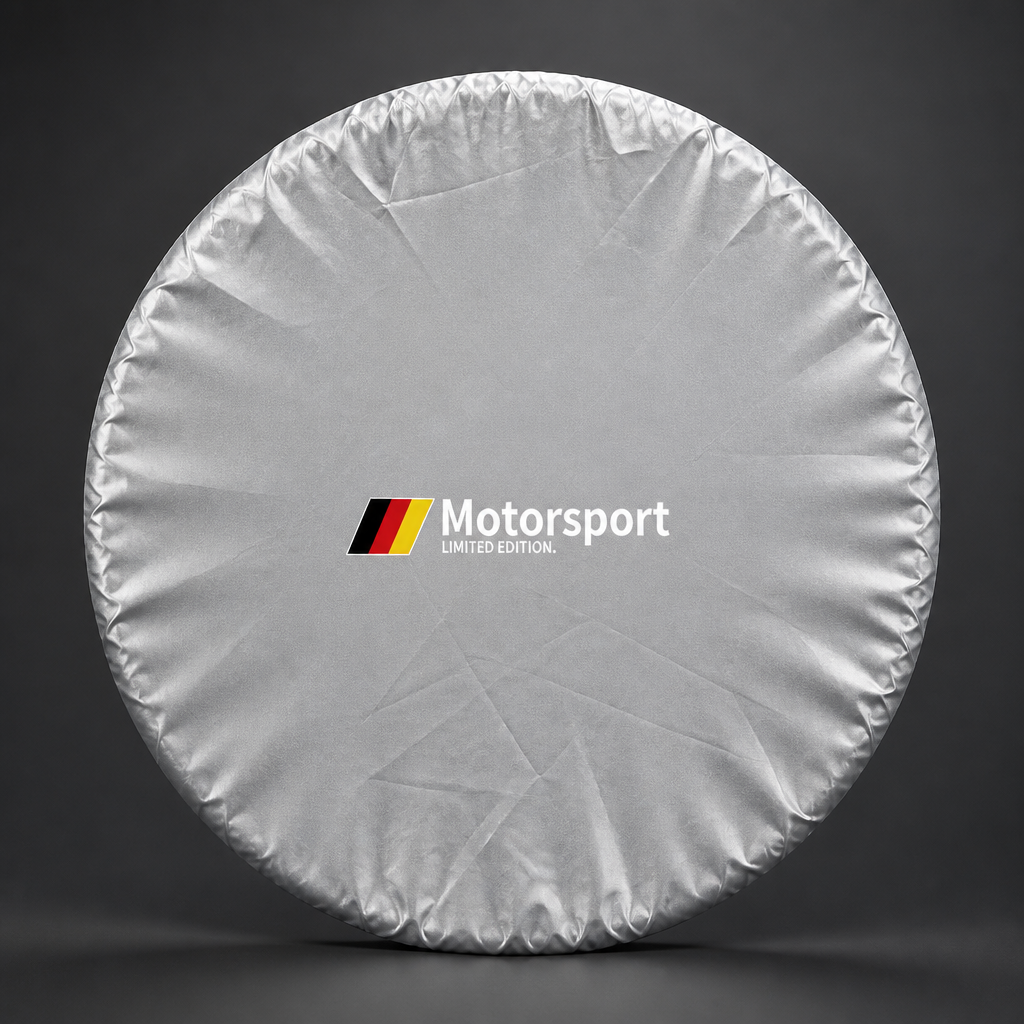 Protector solar reflectante para volante BMW Motorsport Limited Edition, vista frontal plateada en estudio premium