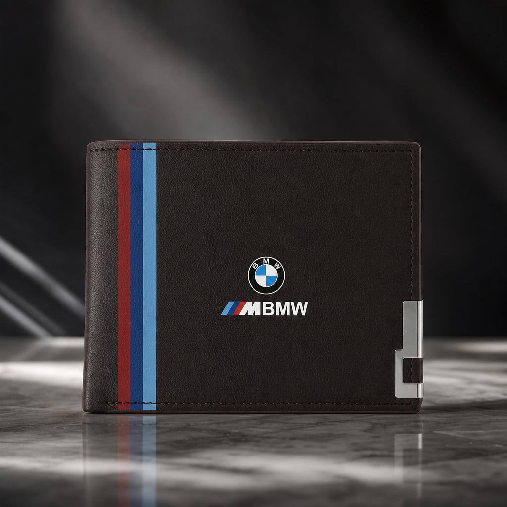 Cartera BMW M marrón plegable con líneas tricolor, logo frontal y compartimentos interiores