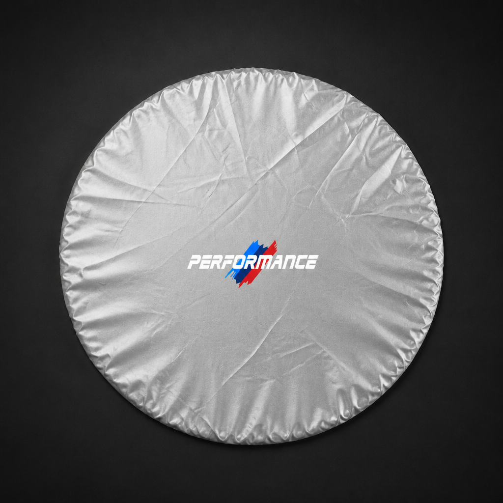 Protector solar reflectante para volante BMW Performance blanco con gráfico azul/rojo, vista frontal plateada en estudio premium