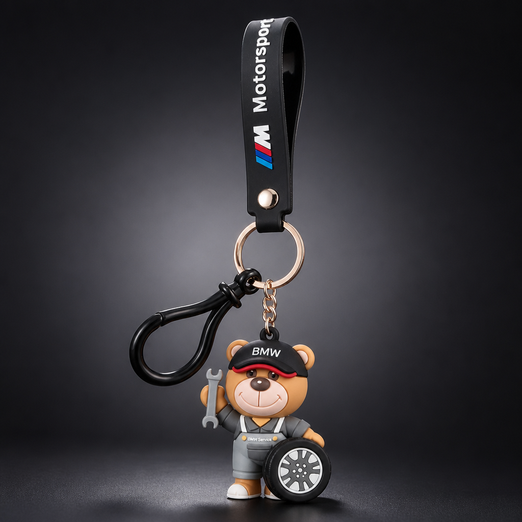Llavero de oso 3D para BMW mecánico con correa y anilla metálica - vista frontal de producto