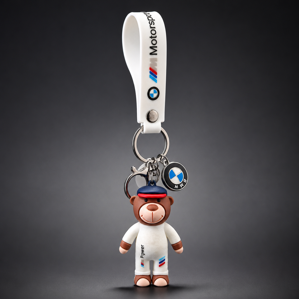 Llavero de oso 3D para BMW M Power con correa y anilla metálica - vista frontal de producto